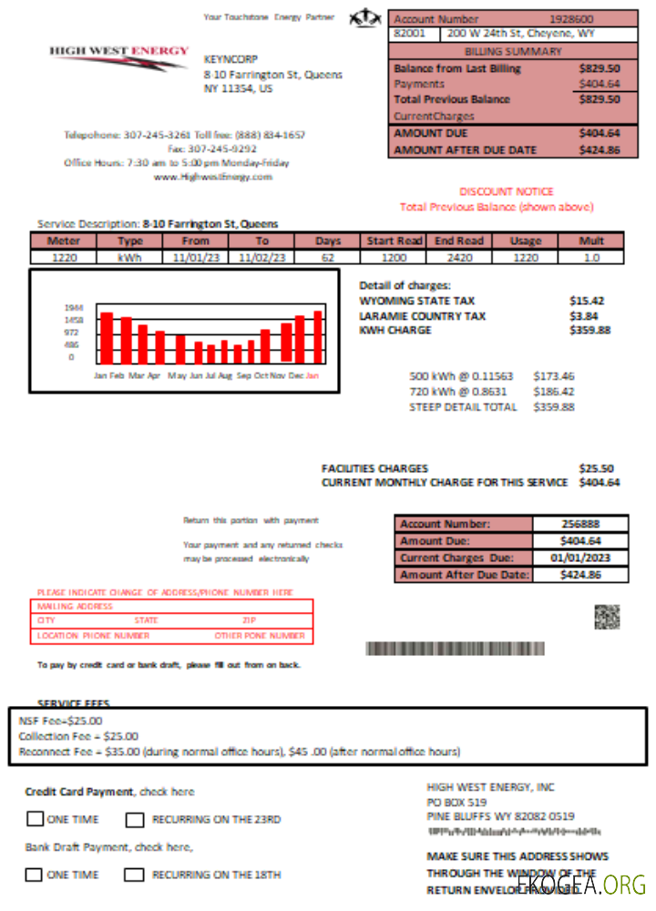 Facture commerciale du service public de Wyoming High West Energy, page 1 SCR